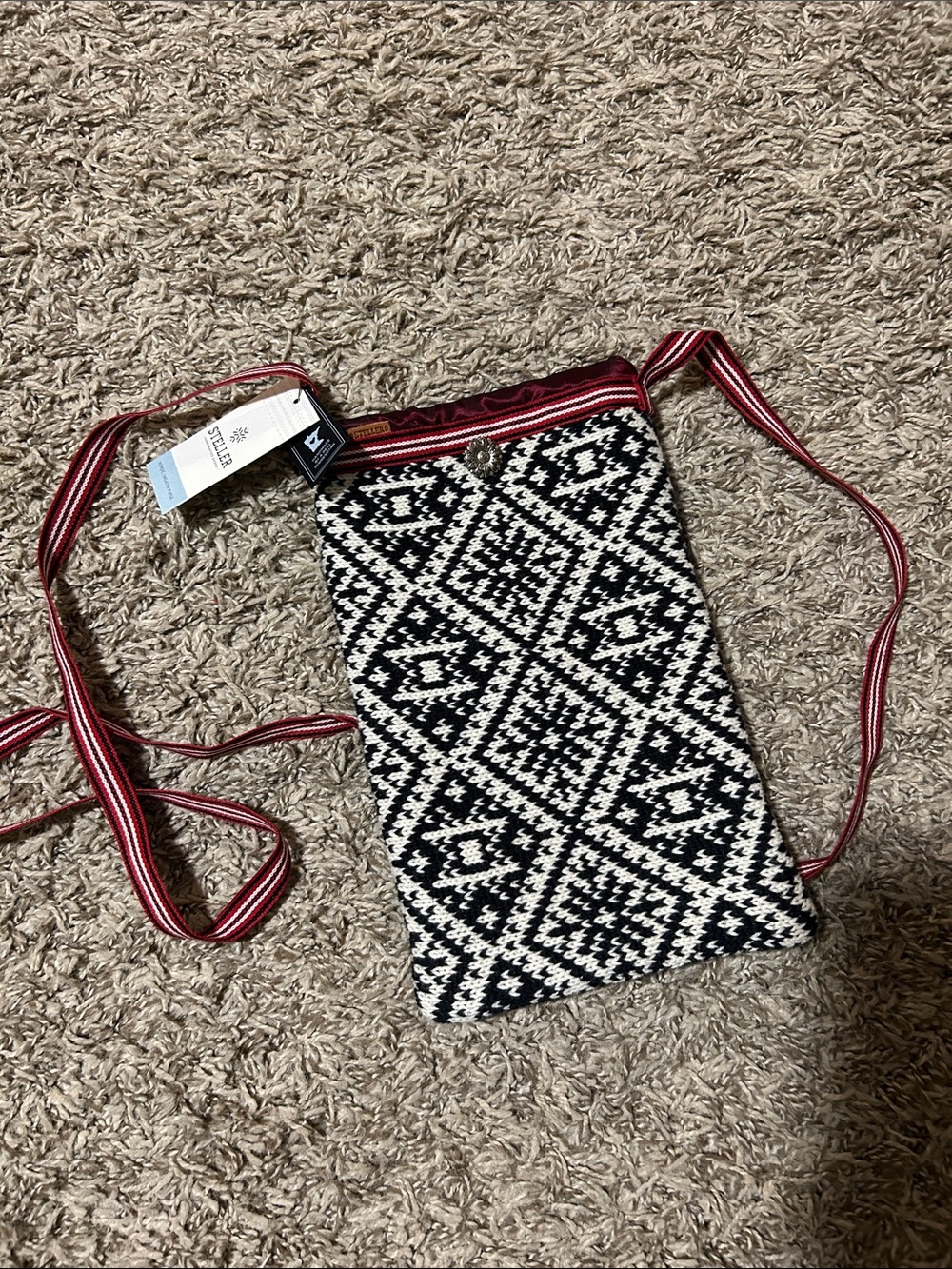 Crossbody Phone Bag with Black & White Geometric Knit Pattern and Red Strap